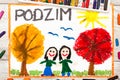 drawing: Czech word Autumn, happy girls and trees with orange and red leaves Royalty Free Stock Photo