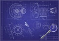 Drawing and 3d model gear mechanism on a blue Royalty Free Stock Photo