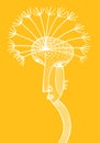 Drawing of a dandelion spirit. White line art flower on yellow background