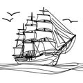 A drawing depicting birds soaring in the sky above a sailing ship as it navigates the vast ocean.