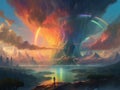 Drawing depicting a futuristic rainbow in the sky and incredible views of sky clouds. AI generated