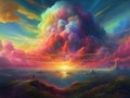 Drawing depicting a futuristic rainbow in the sky and incredible views of sky clouds. AI generated