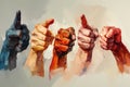 A drawing depicting several human hands with clenched fists and extended index fingers. Multicolored hands of