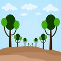 A drawing of trees on a hill with a blue sky in the background.