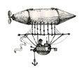 Vintage airship in steam punk style. Symbol of flight. Ink drawing.