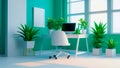 Drawing of desktop with computer, laptop and lively green potted house plants near the window. Styled blogger\'s workplace. Royalty Free Stock Photo