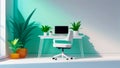 Drawing of desktop with computer, laptop and lively green potted house plants near the window. Styled blogger\'s workplace Royalty Free Stock Photo