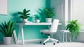 Drawing of desktop with computer, laptop and lively green potted house plants near the window. Styled blogger\'s workplace Royalty Free Stock Photo
