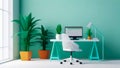 Drawing of desktop with computer, laptop and lively green potted house plants near the window. Styled blogger\'s workplace. Royalty Free Stock Photo