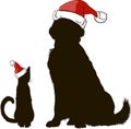 Drawing of a dog and a cat in Christmas hats silhouettes Royalty Free Stock Photo