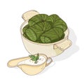 Drawing of dolma in bowl and sauce in gravy boat. Tasty Georgian meal made of grape leaves stuffed with minced meat
