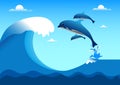 Drawing dolphin fish and wave ocean happy jumping with wave  vector illustration Royalty Free Stock Photo