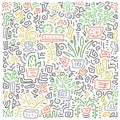 Drawing doodles. Background. Houseplants, cacti. Vector illustration