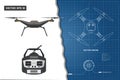 Drawing of drone. Industrial blueprint The control panel. Front, top view