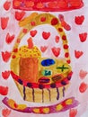 Drawing of Easter still life basket with bread and eggs Royalty Free Stock Photo