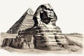 drawing of Egyptian sphinx with pyramids isolated on white background. Generated by AI Royalty Free Stock Photo