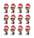 Drawing emotional african american character with Christmas hat. Cartoon style emotion icon. Flat illustration girl avatar with