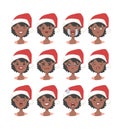 Drawing emotional african american character with Christmas hat. Cartoon style emotion icon. Flat illustration girl avatar with