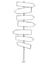 Drawing of Empty Old Wooden Road Seven Directions Arrow Sign Royalty Free Stock Photo