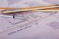 Drawing equipment with detailed architects house plans Royalty Free Stock Photo