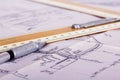 Drawing equipment with detailed architects house plans Royalty Free Stock Photo