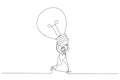 Drawing of excited arab businessman carrying big lightbulb idea running to invent new product. Big idea. Single continuous line