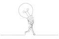 Drawing of excited businesswoman carrying big lightbulb idea running to invent new product. Big idea. Single line art style