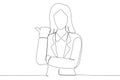 Drawing of Excited businesswoman presenting copy space.