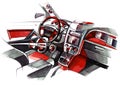 Drawing of the exclusive interior design of the car with the elaboration of all the elements of the modern passenger Royalty Free Stock Photo