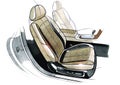 Drawing of the exclusive interior design of the car with the elaboration of all the elements of the modern passenger