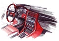 Drawing of the exclusive interior design of the car with the elaboration of all the elements of the modern passenger