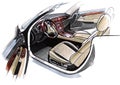 Drawing of the exclusive interior design of the car with the elaboration of all the elements of the modern passenger Royalty Free Stock Photo