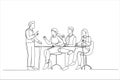 Drawing of executive leading corporate briefing with diverse employees in boardroom. Single continuous line art