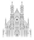 Drawing of fantasy castle. Gothic architectural style. Medieval architecture in Western Europe. Black and white page for coloring Royalty Free Stock Photo