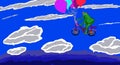 Drawing Of Fantasy Frog ,Flying In The Sky With Air Balloons And Cycle .Cloudscape, On Sky Background.