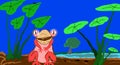 Drawing Of Fantasy Happy Frog Sitting Under Tree Leaf, Jungle Nature, On Landscapes Background.