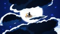 Drawing Of Fantasy Moon Night, With Cloudscape, And Fantasy Motorbike Riding , In The Sky. This Is Hand-drawing Illustration. Royalty Free Stock Photo