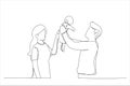 Drawing of father lifting new born baby boy on the air and kissing him, mother is watching on the side. Single line art style
