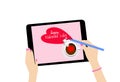 Drawing of female hand with polished nails signing a valentine card on tablet screen