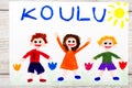 Drawing: Finnish word SCHOOL and happy children. First day at school. Royalty Free Stock Photo