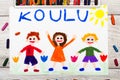 Drawing: Finnish word SCHOOL and happy children. Royalty Free Stock Photo