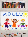 drawing: Finnish word SCHOOL and happy children Royalty Free Stock Photo