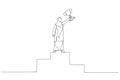 Drawing of first place winner muslim businesswoman on pedestal rising hand with gold cup. Single line art style