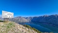 Sveti Ilija - Drawing of fish with legs on mountain peak Vrmac Sveti Ilija with panoramic view on Kotor bay, Montenegro Royalty Free Stock Photo