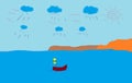 Drawing fishing boat floating in the ocean