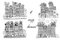 Drawing Flower City, set of illustrations with funny fantasy houses, sketch doodle hand drawn illustration