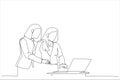 Drawing of focused two young business women standing near table, looking at laptop screen, discussing project details. Single Royalty Free Stock Photo