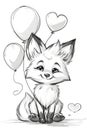 A drawing of a fox with a bunch of balloons