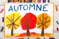 Drawing: French word Autumn and trees with red, yellow and orange leaves