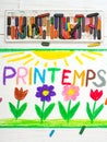 Drawing: French words Printemps Spring and beautiful flowes Royalty Free Stock Photo